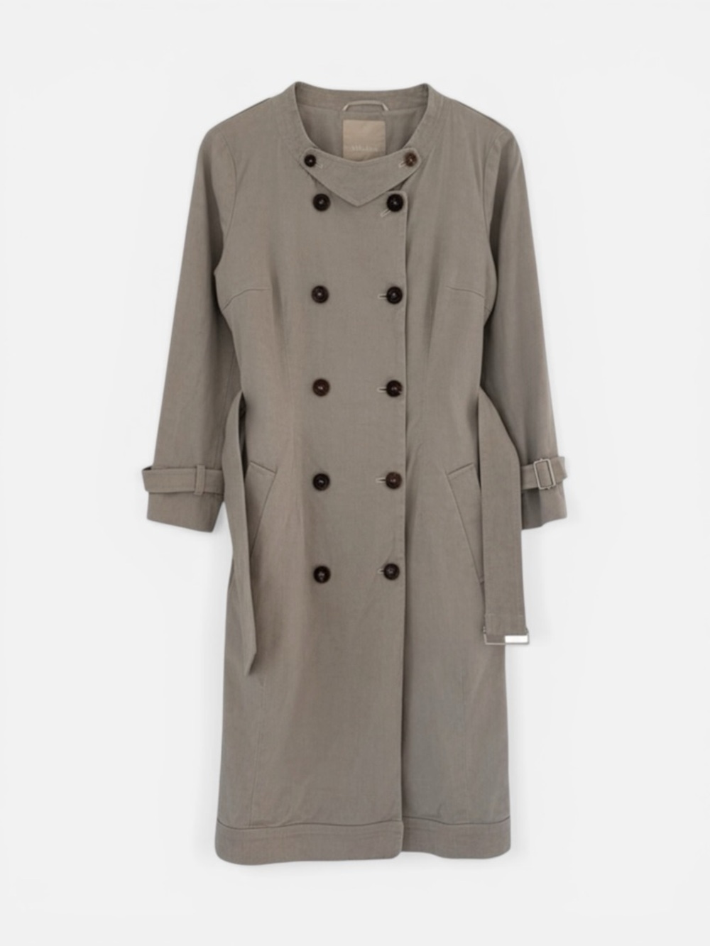 ‘S Max Mara Minimalist Olive Green Tan Collarless Belted Trench Coat Size 8